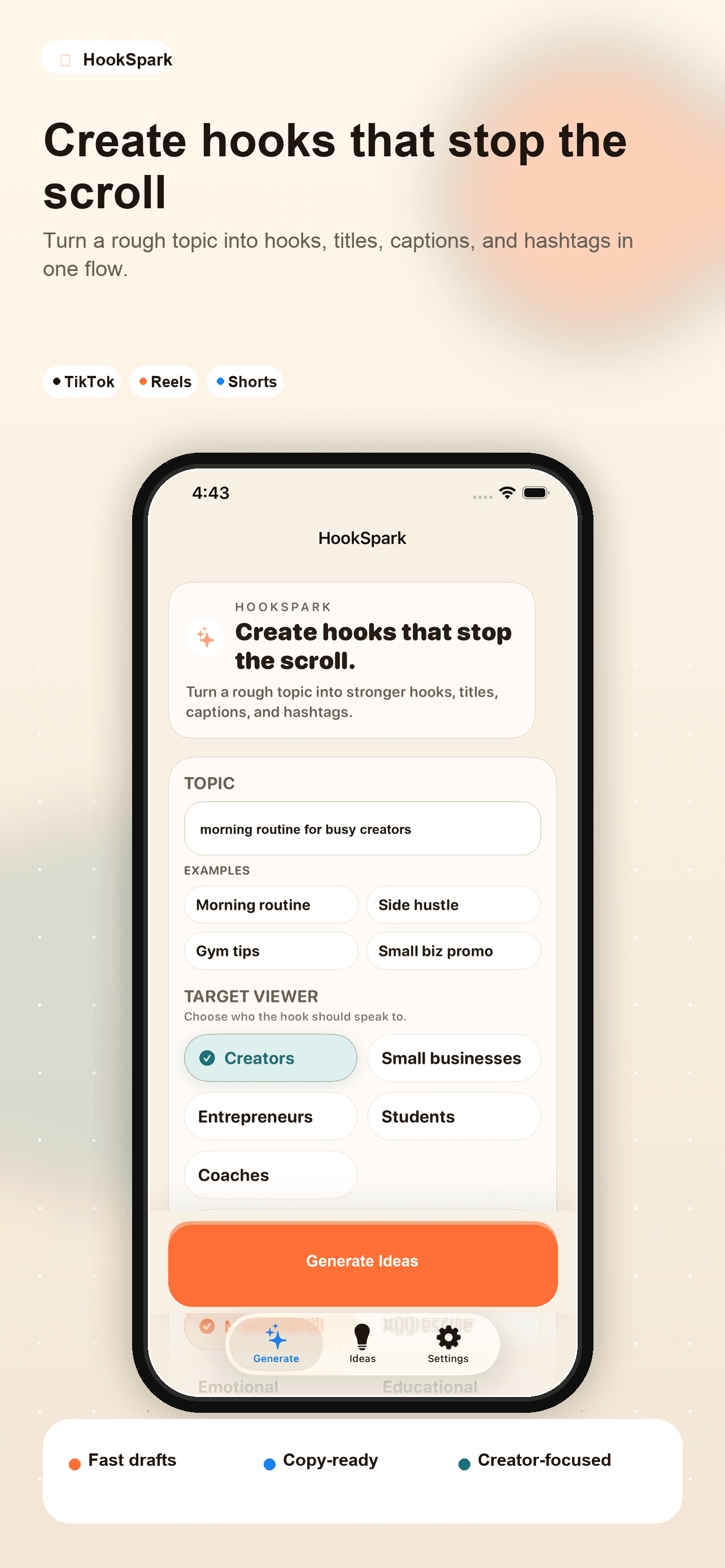 HookSpark marketing screenshot showing the create hooks flow.