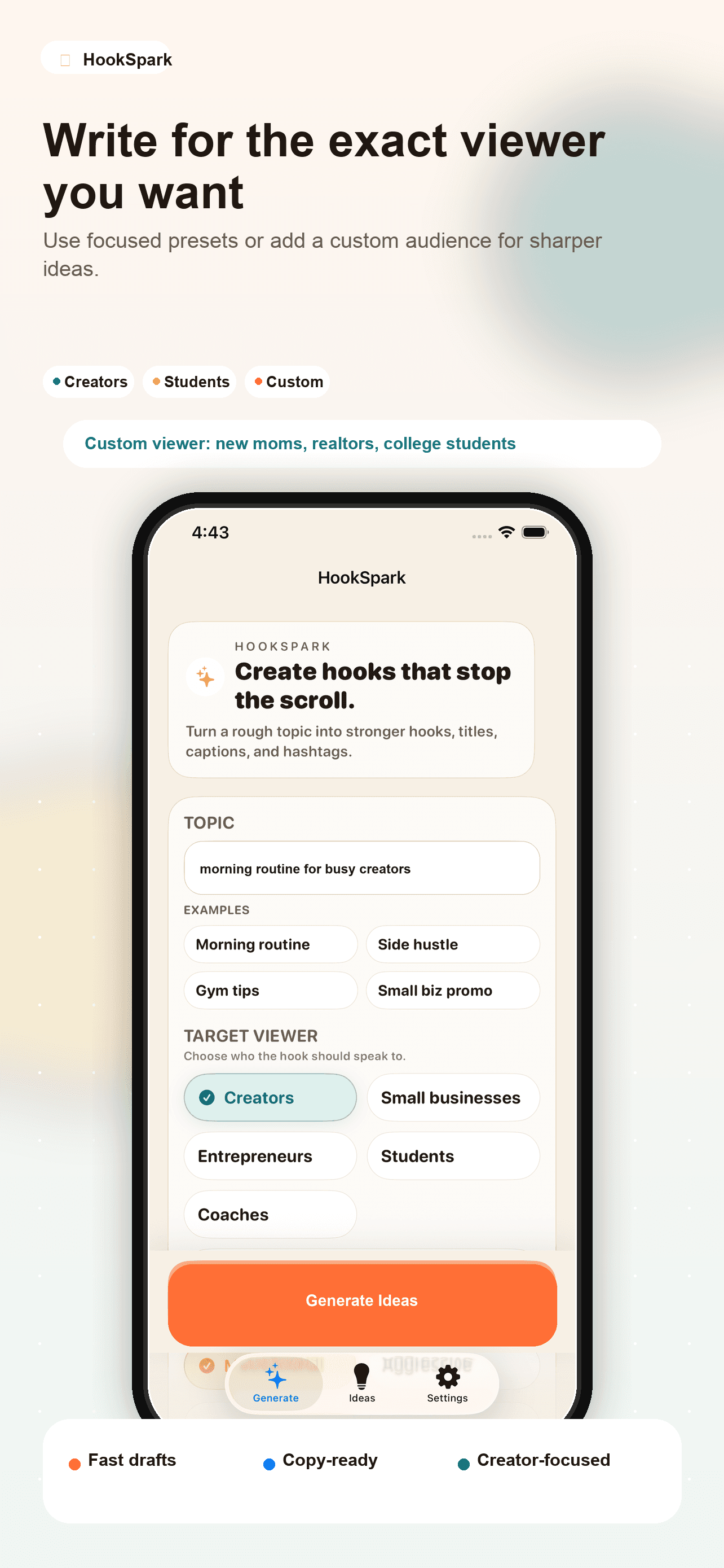 HookSpark marketing screenshot showing target viewer options.