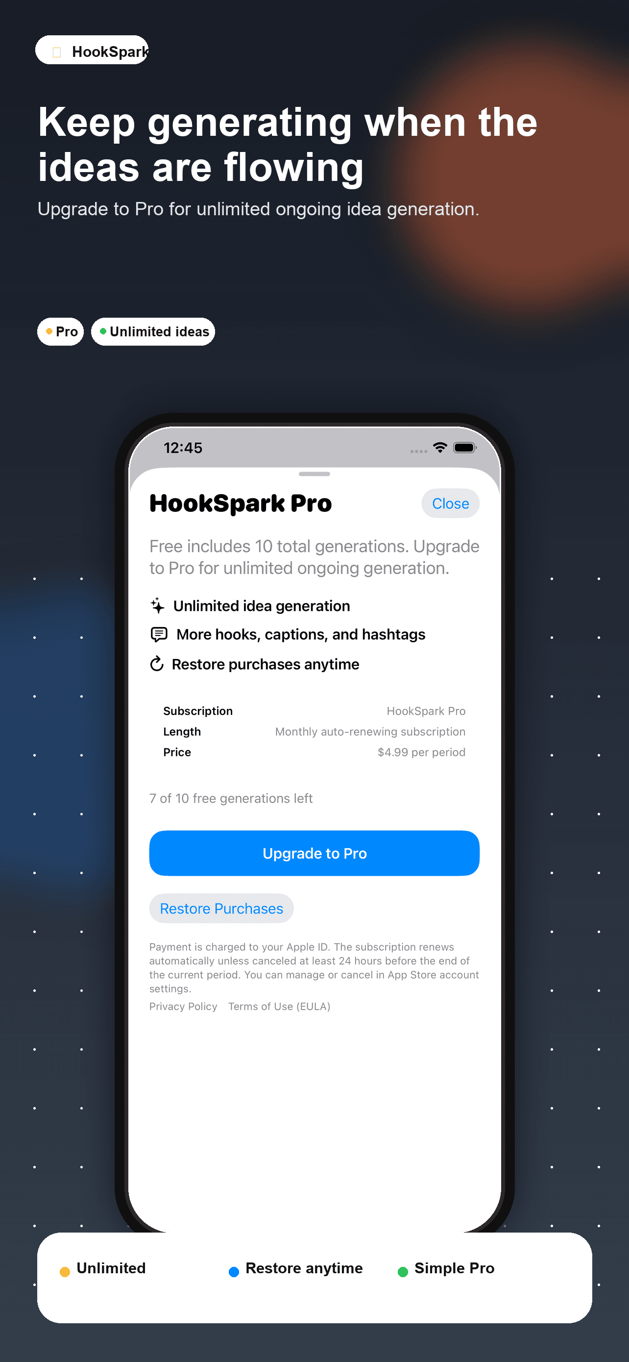 HookSpark marketing screenshot showing the unlimited pro plan.